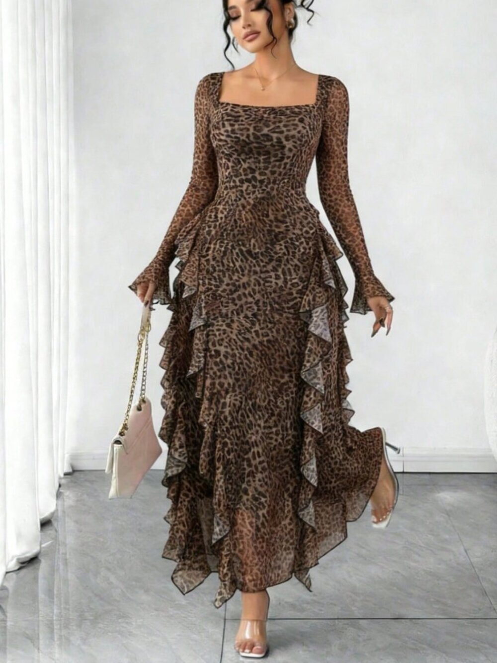 Women's Plus Size Leopard Print Ruffle Trim Long Sleeve Square Neck maxi Dress - Picture 3 of 5